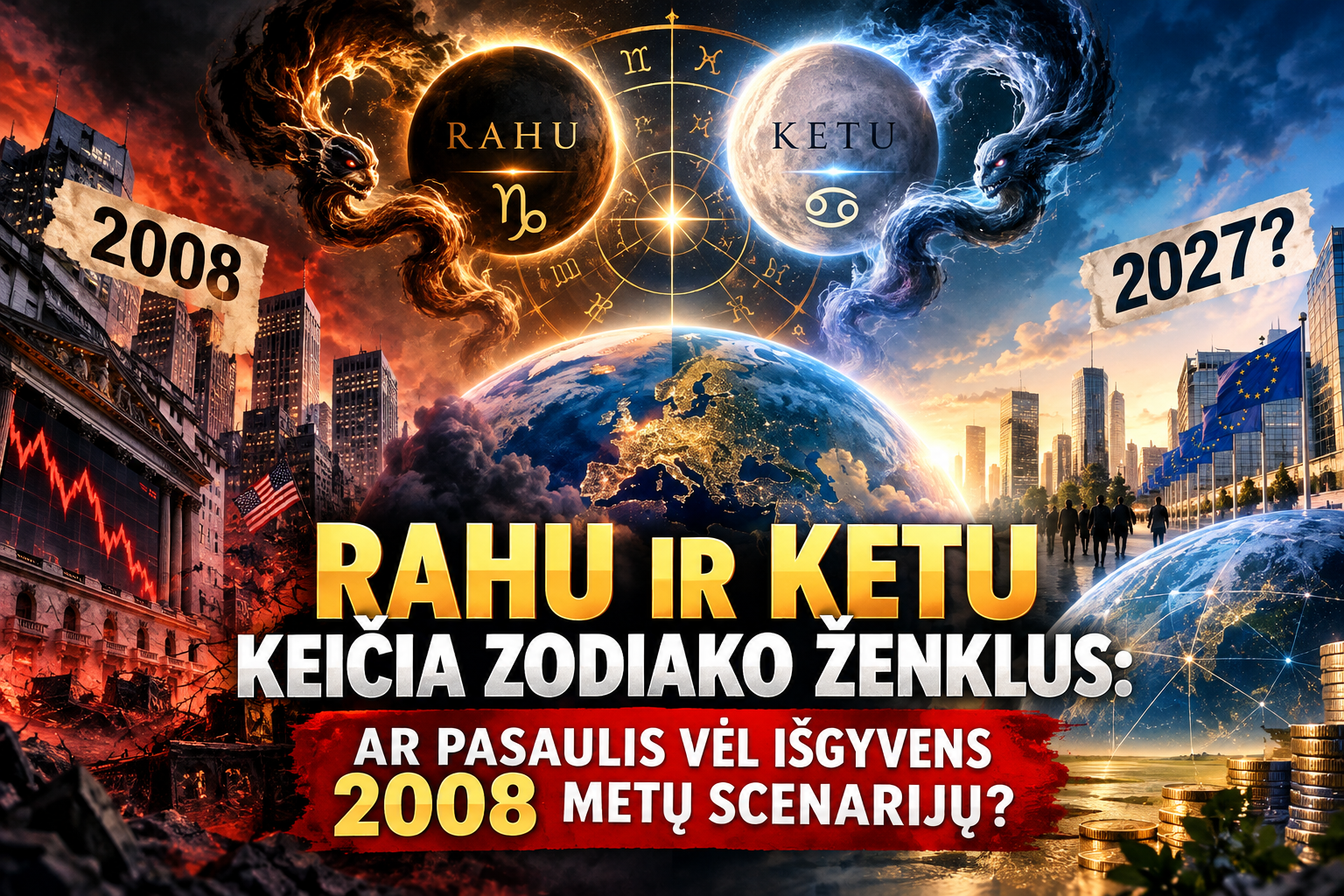 ALT tekstas (WordPress): Rahu ir Ketu tranzitas 2026–2028 metais – astrologinė 2008 metų finansų krizės ir galimų 2027 metų pasaulio pokyčių iliustracija su Zodiako simboliais.